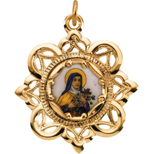 St. Theresa Framed Porcelain Medal, 26 mm, 10K Yellow Gold - Click Image to Close