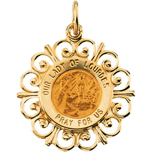 Our Lady of Lourdes Medal, 18.5 mm, 14K Yellow Gold - Click Image to Close