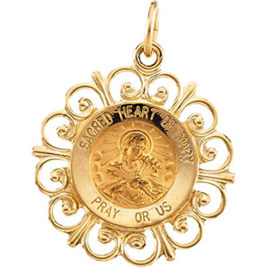 Sacred Heart of Mary Medal, 18.5 mm, 14K Yellow Gold - Click Image to Close