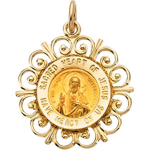 Sacred Heart of Jesus Medal, 18.5 mm, 14K Yellow Gold - Click Image to Close