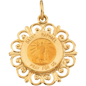 St. Raphael Medal, 18.5 mm, 14K Yellow Gold - Click Image to Close
