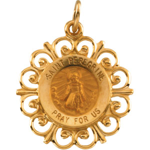 St. Peregrine Medal, 18.5 mm, 14K Yellow Gold - Click Image to Close
