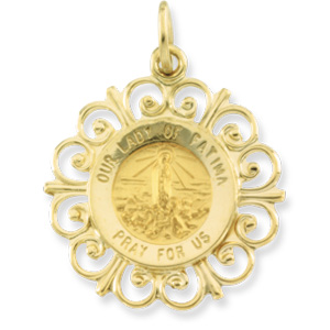 Our Lady of Fatima Medal, 18.5 mm, 14K Yellow Gold - Click Image to Close