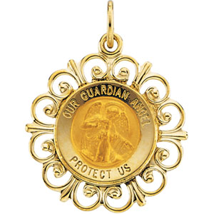 Guardian Angel Medal, 18.5 mm, 14K Yellow Gold - Click Image to Close