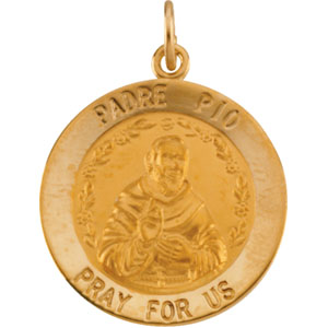 Padre Pio Medal, 18.5 mm, 14K Yellow Gold - Click Image to Close