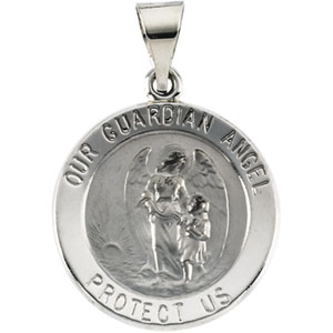 Hollow Guardian Angel Medal, 18.25 x 18.50 mm, 14K White Gold - Click Image to Close