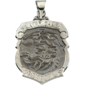 Hollow St. Michael Medal, 24.25 x 20.75 mm, 14K White Gold - Click Image to Close