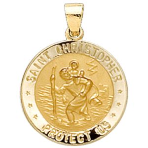Hollow St. Christopher Medal, 18.25 mm, 14K Yellow Gold - Click Image to Close