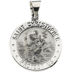 Hollow St. Christopher Medal, 25.5 mm, 14K White Gold - Click Image to Close