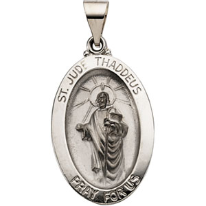 Hollow St. Jude Medal, 23.25 x 16 mm, 14K White Gold - Click Image to Close