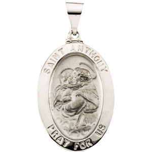 Hollow St. Anthony Medal, 23 x 16 mm, 14K White Gold - Click Image to Close