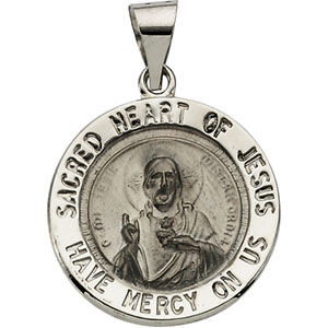 Hollow Sacred Heart of Jesus Medal, 18.5 mm, 14K White Gold - Click Image to Close