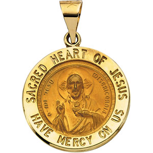 Hollow Sacred Heart of Jesus Medal, 18.5 mm, 14K Yellow Gold - Click Image to Close