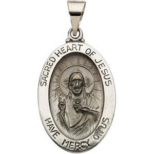 Hollow Sacred Heart of Jesus Medal, 23.25 x 16 mm, 14K White Gol - Click Image to Close
