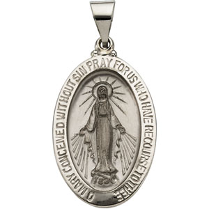 Hollow Miraculous Medal, 23 x 16 mm, 14K White Gold - Click Image to Close