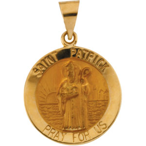 Hollow St. Patrick Medal, 18 mm, 14K Yellow Gold - Click Image to Close