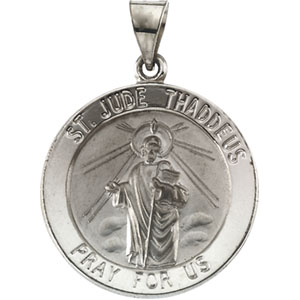 Hollow St. Jude Thaddeus Medal, 18.25 mm, 14K White Gold - Click Image to Close