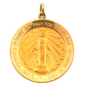 Miraculous Medal, 22 mm, 14K Yellow Gold - Click Image to Close