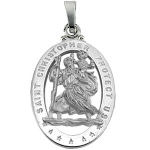 St. Christopher Medal, 21 x 15 mm, 14K White Gold - Click Image to Close