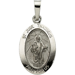 St. Jude Thaddeus Medal, 19 x 13 mm, 14K White Gold - Click Image to Close