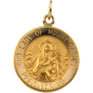 Lady of Mount Carmel Medal, 15 mm, 14K Yellow Gold - Click Image to Close