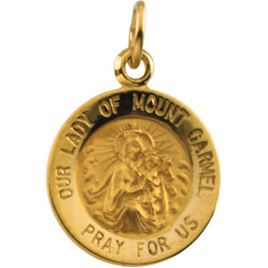 Lady of Mount Carmel Medal, 12 mm, 14K Yellow Gold - Click Image to Close