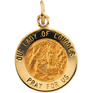 Our Lady of Lourdes Medal, 12 mm, 14K Yellow Gold - Click Image to Close