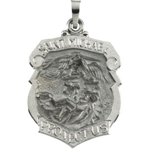 St. Michael Medal, 27 x 21 mm, 14K White Gold - Click Image to Close