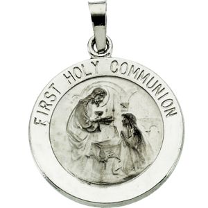 First Communion Medal, 12 mm, 14K White Gold - Click Image to Close