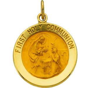 First Communion Medal, 18 mm, 14K Yellow Gold - Click Image to Close