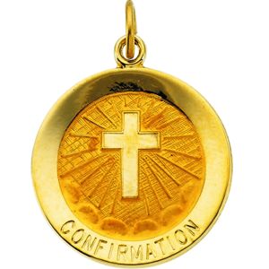 Confirmation Medal with Cross, 18 mm, 14K Yellow Gold - Click Image to Close