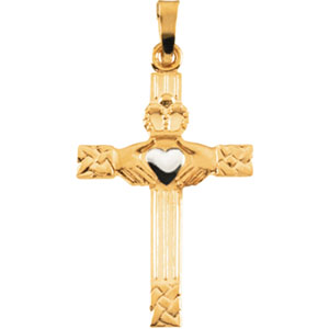 14K Yellow/White Gold 25x17 mm Claddagh Cross Pendant - Click Image to Close