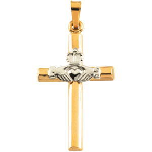 14K Yellow/White Gold 25x16 mm Hollow Claddagh Cross Pendant - Click Image to Close