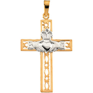 14K Yellow/White Gold 27.5x19.5 mm Claddagh Cross Pendant - Click Image to Close