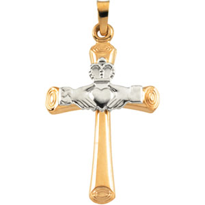 14K Yellow/White Gold 27x19.5 mm Hollow Claddagh Cross Pendant - Click Image to Close