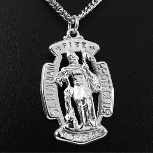 St. Florian Badge, Sterling, 30x20.5mm with 24” Chain - Click Image to Close