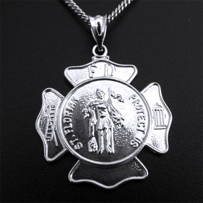 St. Florian Badge, Sterling, 25x25mm with 24” Chain - Click Image to Close