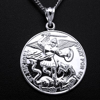 St. Michael Pray for Us Medal, Sterling, 24” Chain - Click Image to Close