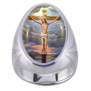 Jesus on the Cross Charm Gem Sterling Ring - Click Image to Close