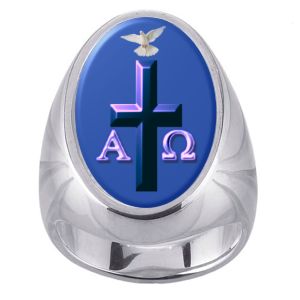 Blue Alpha Omega Holy Spirit Cross Charm Gem Sterling Ring - Click Image to Close