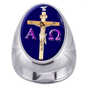 Alpha Omega Holy Spirit Crucifix Charm Gem Sterling Ring - Click Image to Close