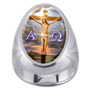 Alpha Omega Crucifix Charm Gem Sterling Ring - Click Image to Close