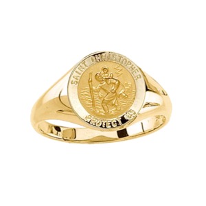 St. Christopher Ring. 14k gold, 12 mm round top - Click Image to Close