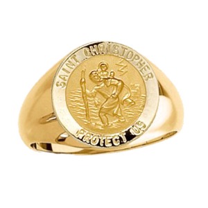 St. Christopher Ring. 14k gold, 15 mm round top - Click Image to Close
