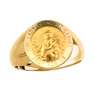 Lady of Mount Carmel Ring. 14k gold, 15 mm round top - Click Image to Close
