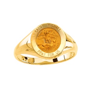 St. Michael Ring. 14k gold, 12 mm round top - Click Image to Close