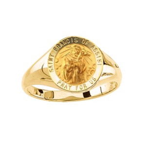 St. Francis of Assisi Ring. 14k gold, 12 mm round top - Click Image to Close