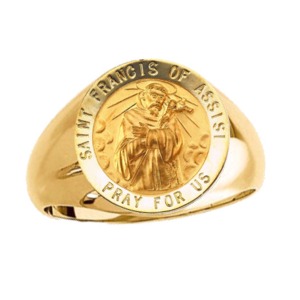 St. Francis of Assisi Ring. 14k gold, 15 mm round top - Click Image to Close