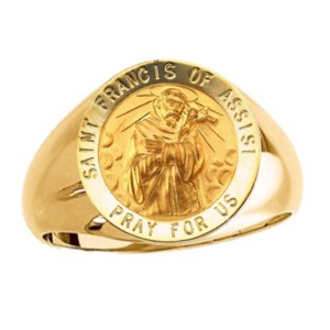 St. Francis of Assisi Ring. 14k gold, 18 mm round top - Click Image to Close