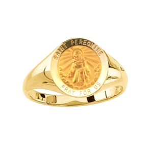 St. Peregrine Ring. 14k gold, 12 mm round top - Click Image to Close